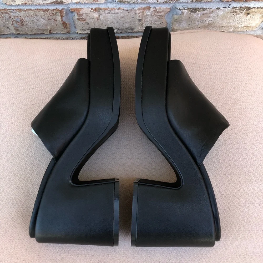 Zara Black Leather Chunky Heel Squared Toe Versatile Slip On Platform Shoes‎ 42